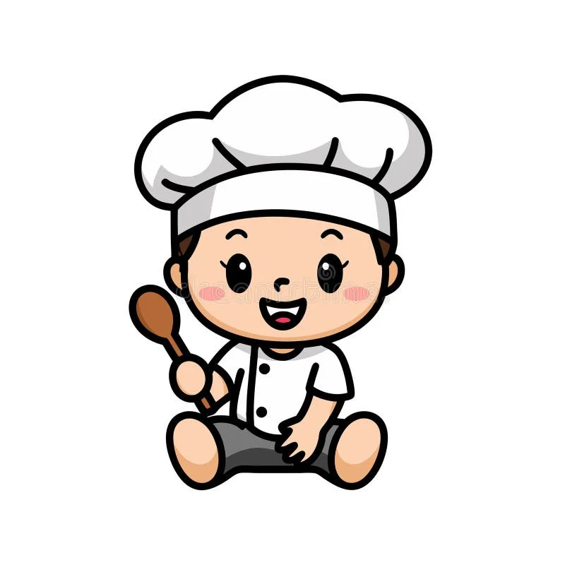 Hình nền điện thoại đẹp cute với đầu bếp nhí hoạt hình đội mũ đầu bếp và cầm thìa gỗ
