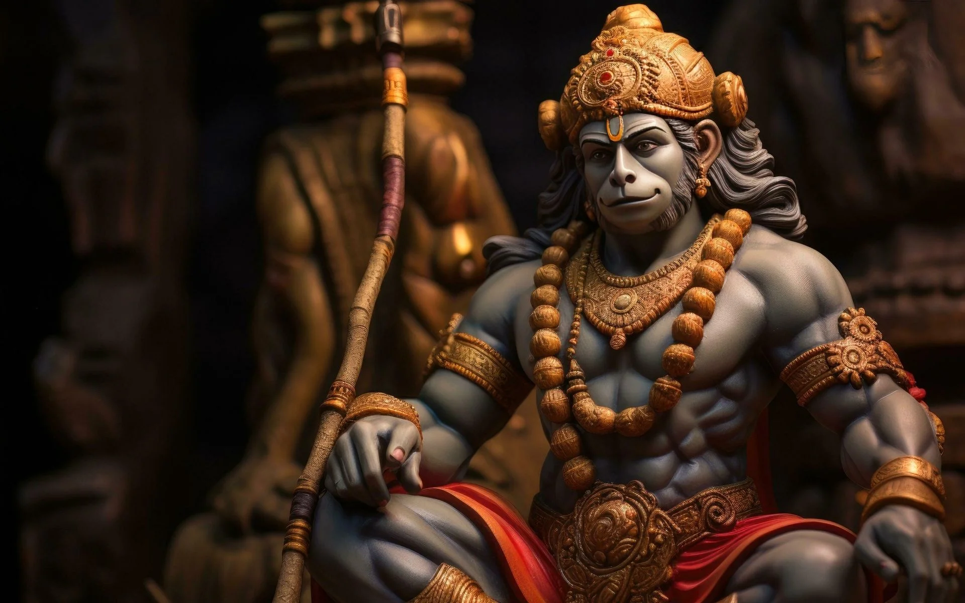 Tượng Hanuman ngồi cầm chùy, đeo vòng hạt và trang phục chiến binh