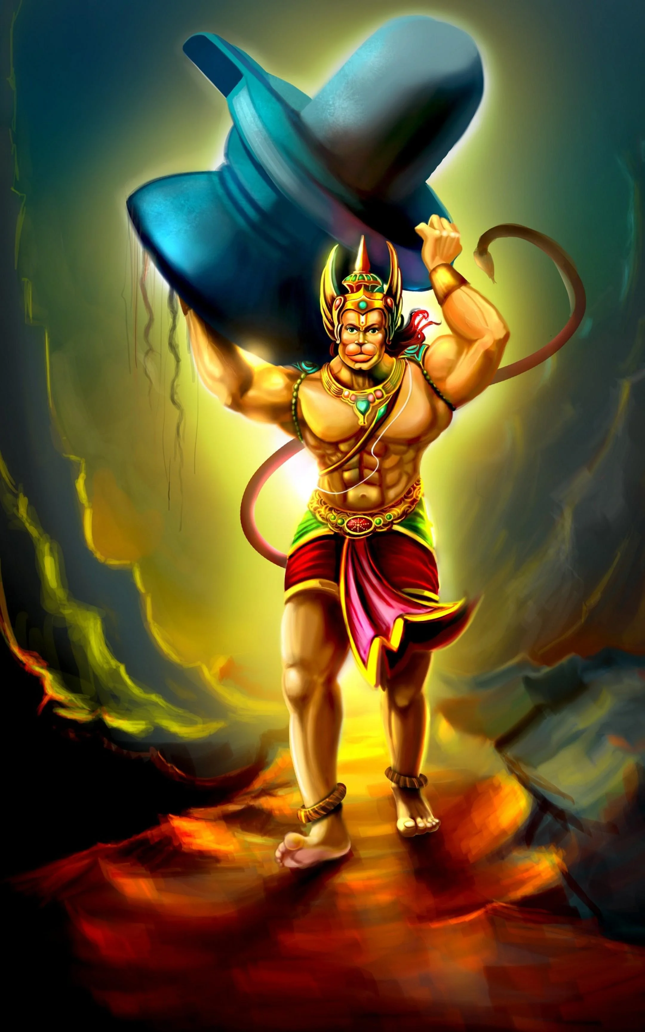 Hanuman nâng ngọn núi trên vai giữa khung cảnh rực lửa