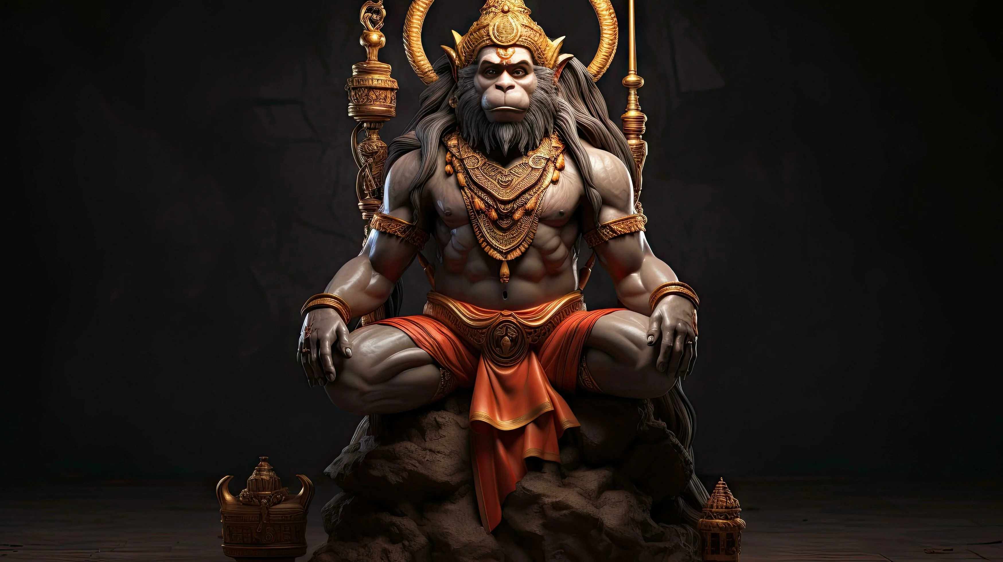 Hanuman ngồi thiền trong bóng tối, tay cầm chùy và mặc trang phục chiến binh
