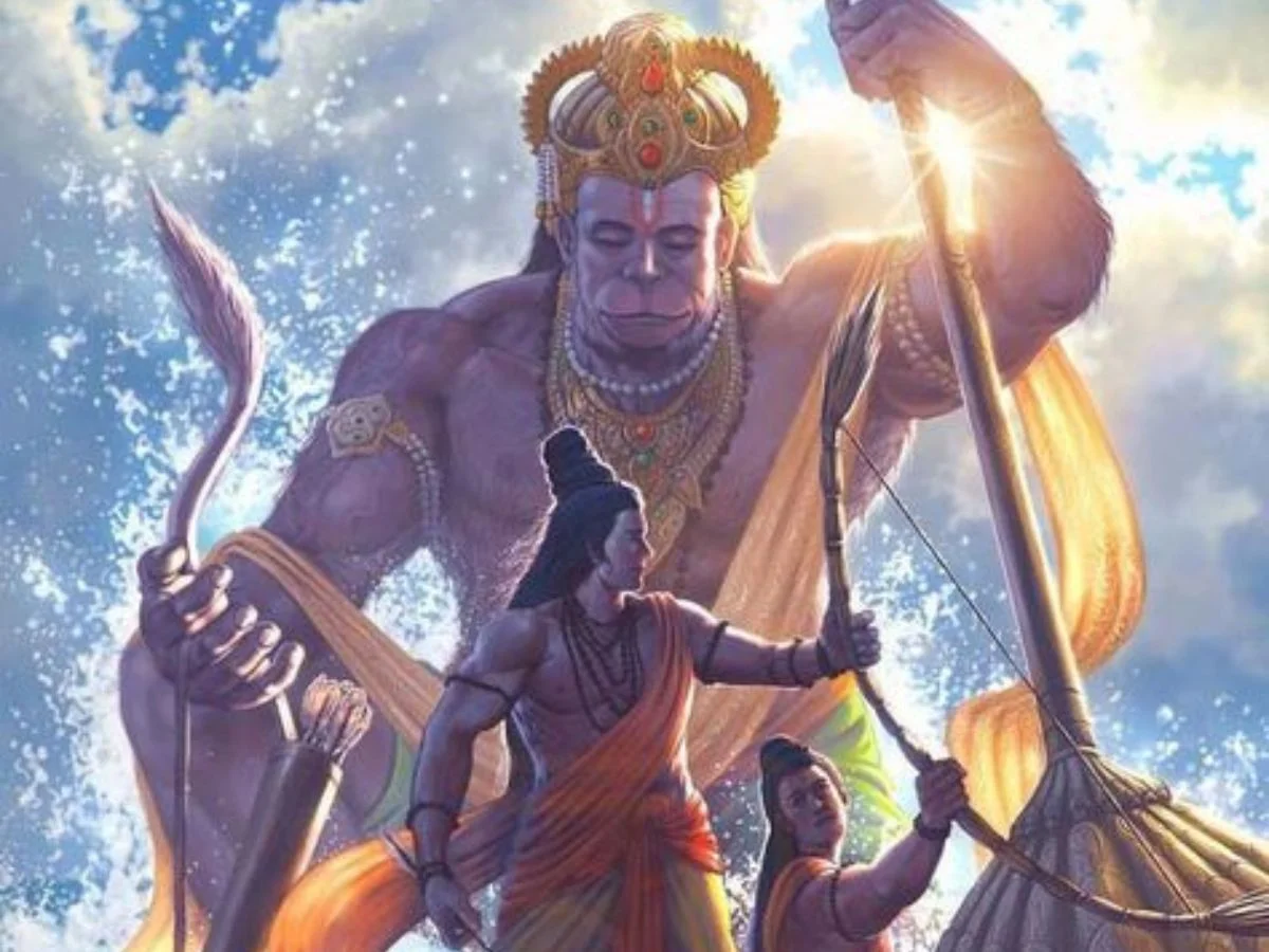 Hanuman cầm cung đứng giữa bầu trời sáng, phía trước có các nhân vật nhỏ