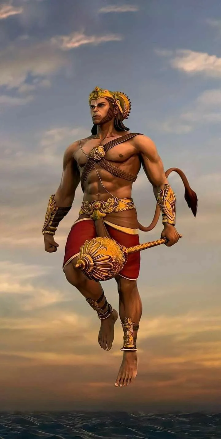 Hình minh họa chiến binh khỉ Hanuman cơ bắp cầm chùy giữa bầu trời hoàng hôn