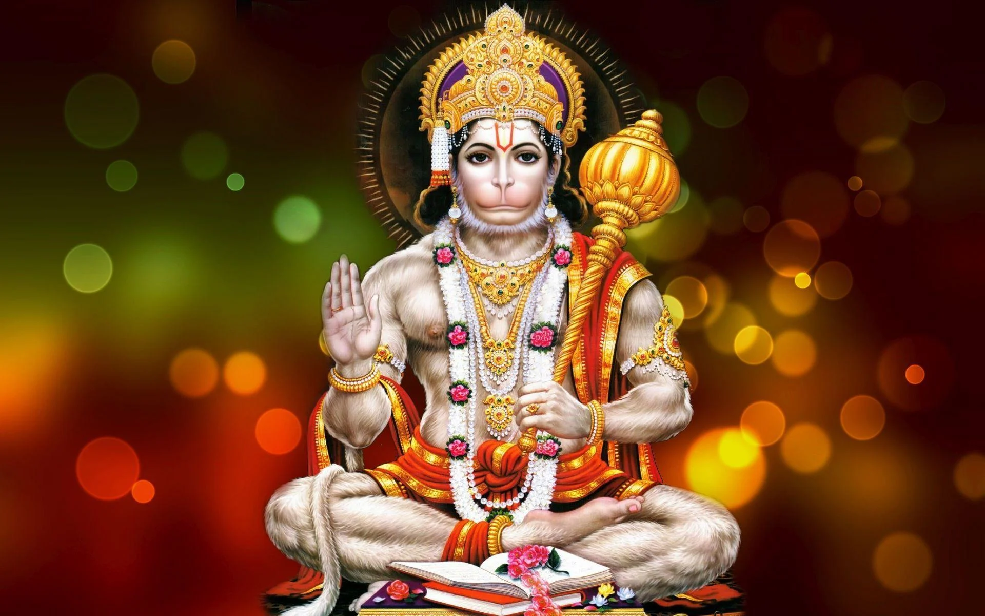 Hanuman ngồi thiền với chùy vàng trong nền ánh sáng bokeh rực rỡ