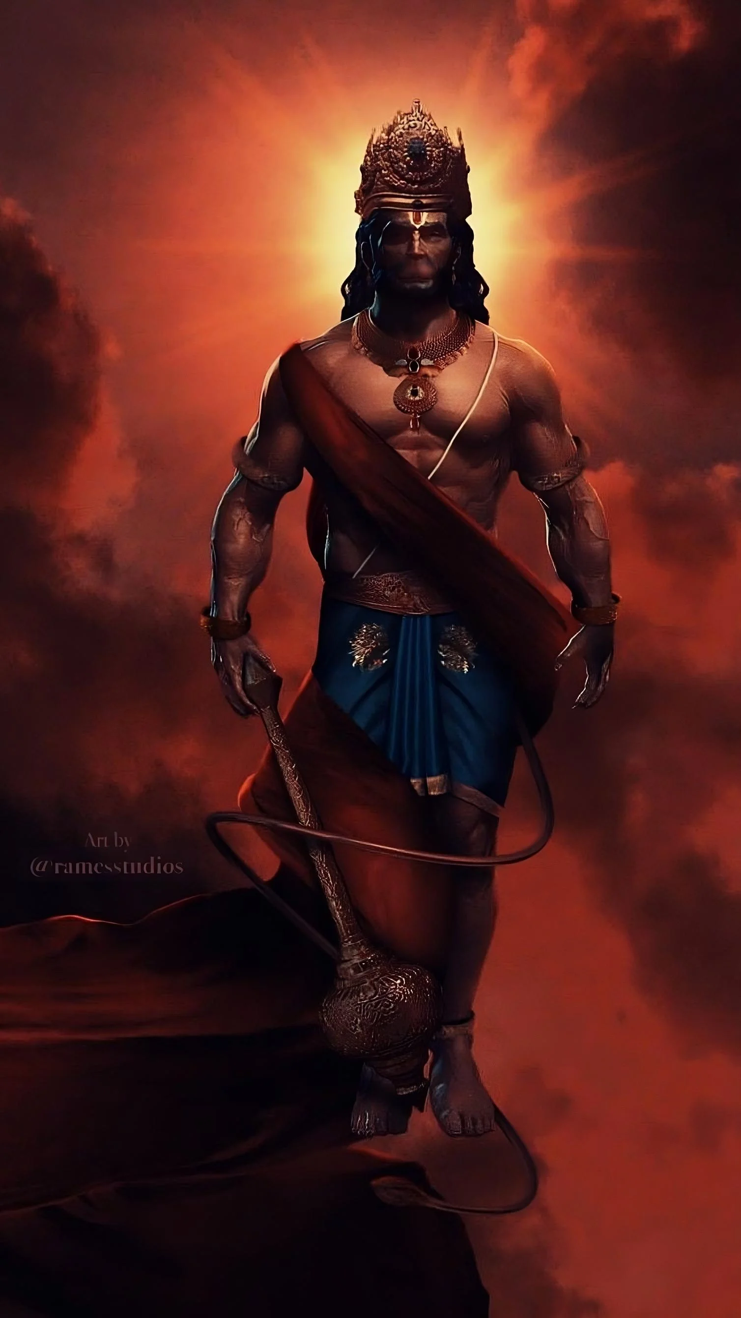 Chiến binh khỉ Hanuman cầm cung đứng trong khung cảnh đỏ tối đầy kịch tính