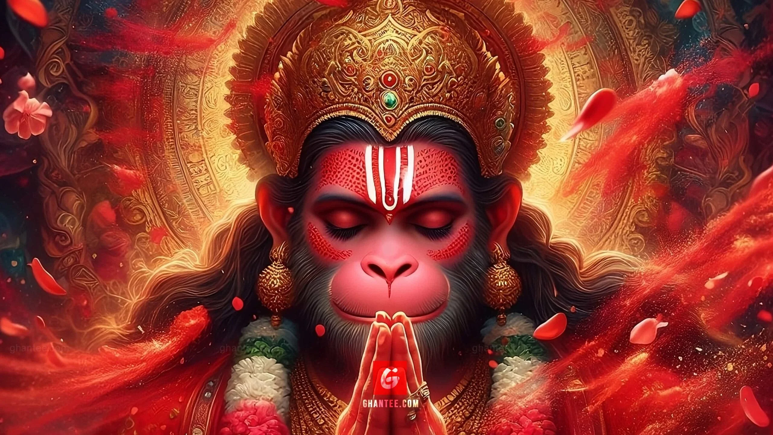 Cận cảnh Hanuman với khuôn mặt đỏ, vương miện vàng và đôi tay chắp trước ngực