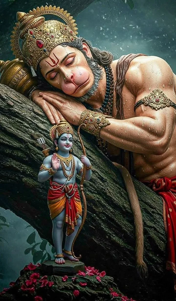 Hanuman khổng lồ nằm nghỉ bên cây, phía dưới có một nhân vật nhỏ cầm cung