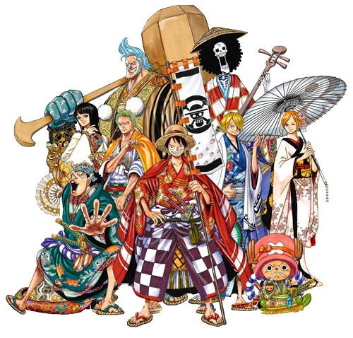 Minh họa nhóm nhân vật anime hải tặc nhiều màu sắc