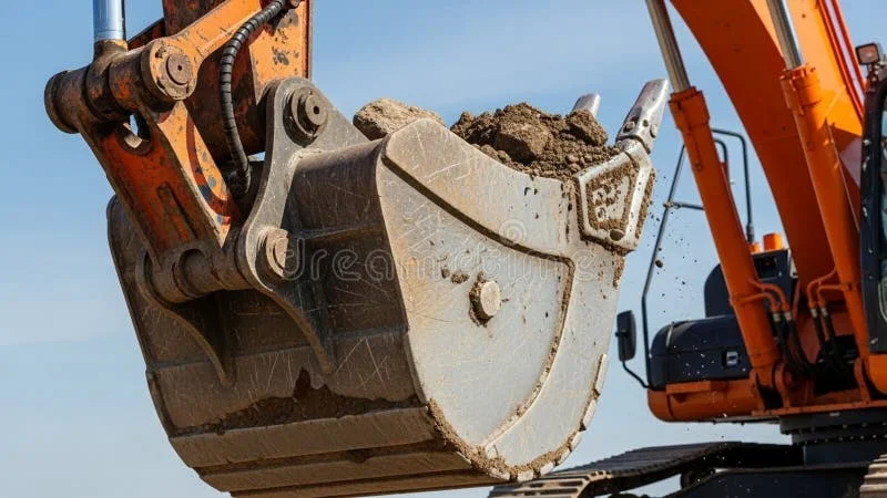 Cận cảnh gầu máy xúc lớn với đất đá trong công trường
