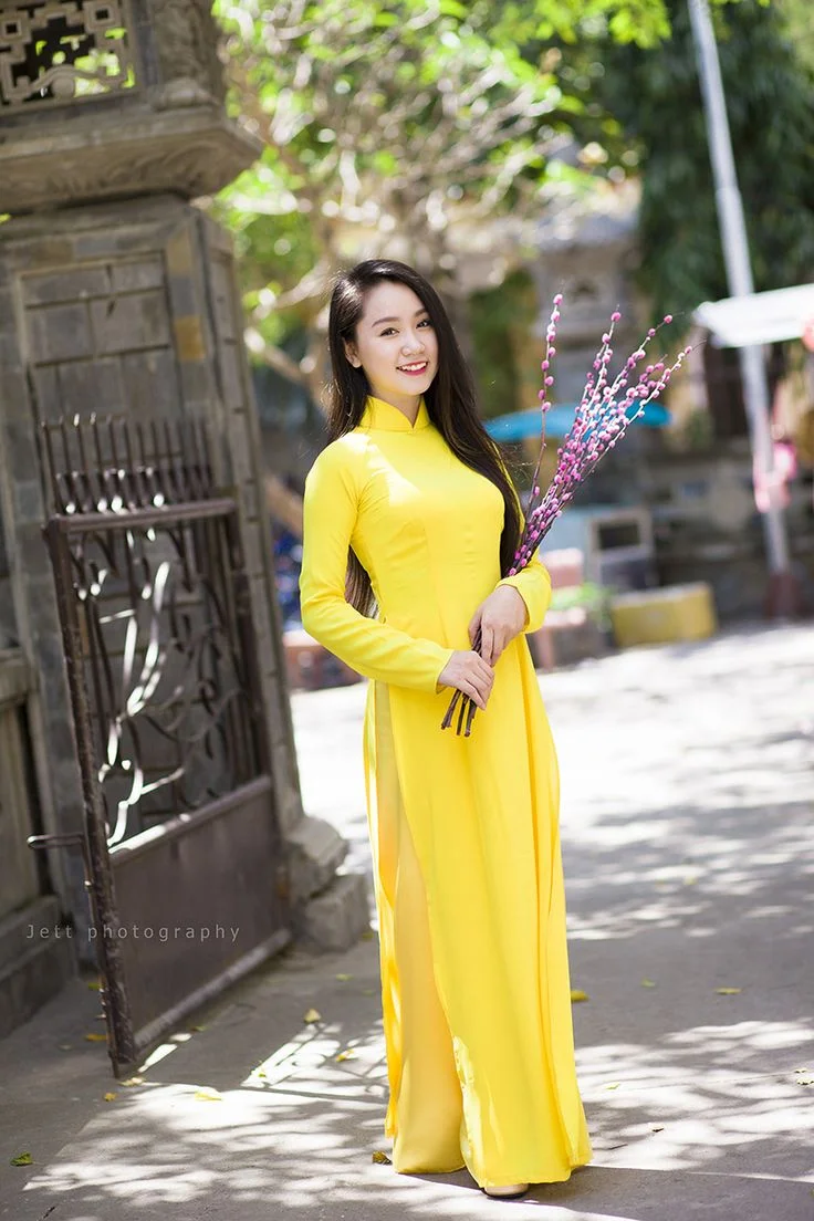 Ảnh gái xinh Việt Nam mặc áo dài vàng cầm cành hoa ngày Tết