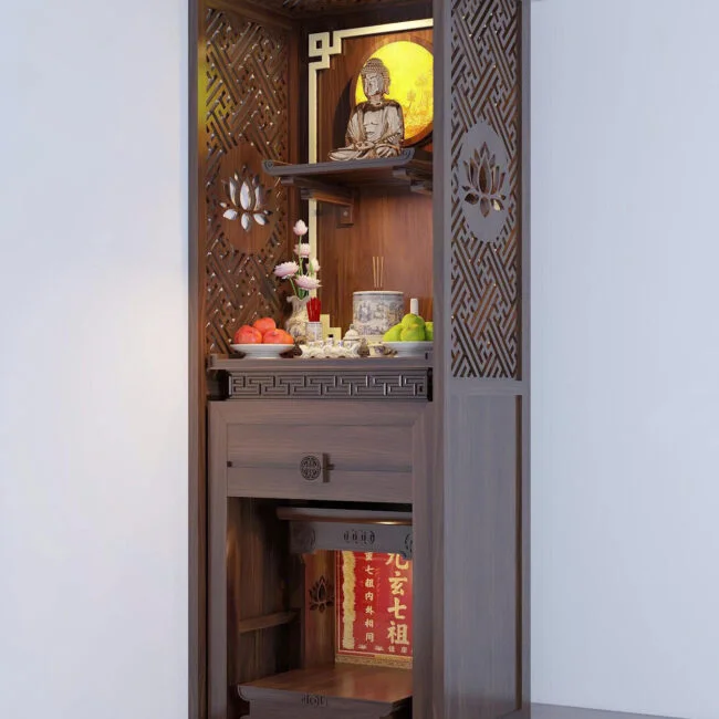 bàn thờ chung cư thờ phật, gia tiên và thần tài