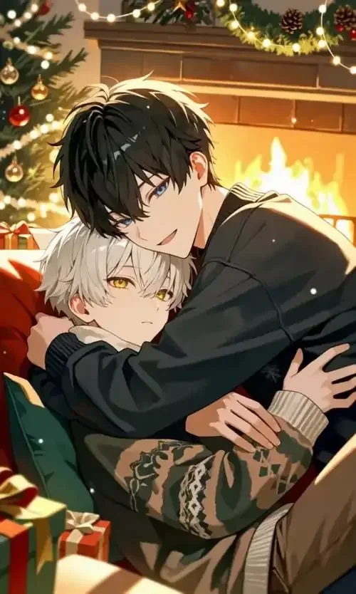 Hình ảnh anime lãng mạn về hai chàng trai bên lò sưởi trong không khí sẽ gầy không