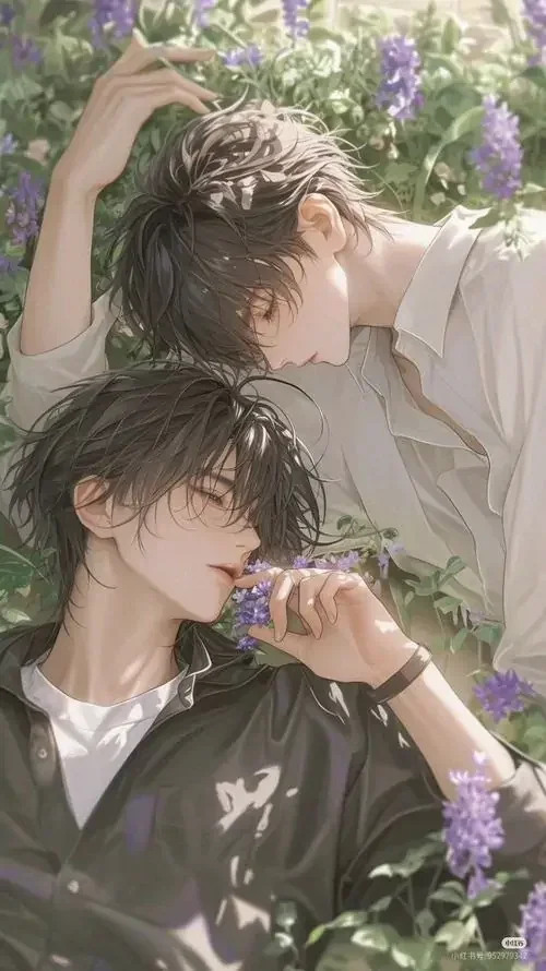 Hình ảnh anime nghệ thuật về hai chàng trai bên vườn hoa tím liên quan đến chủ đề sẽ gầy không