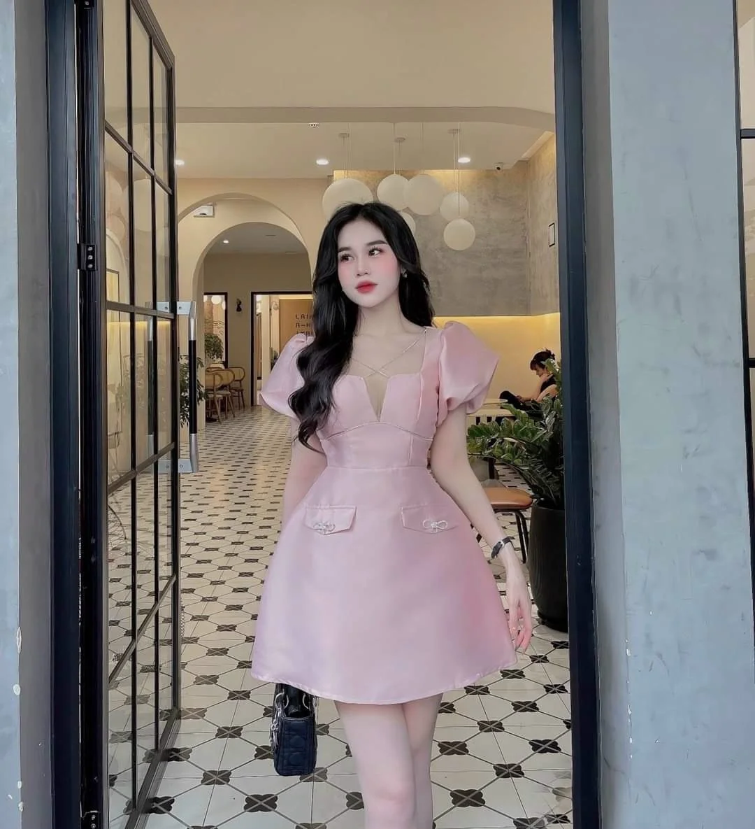 Đầm big size dự tiệc dáng xòe màu hồng baby tay phồng