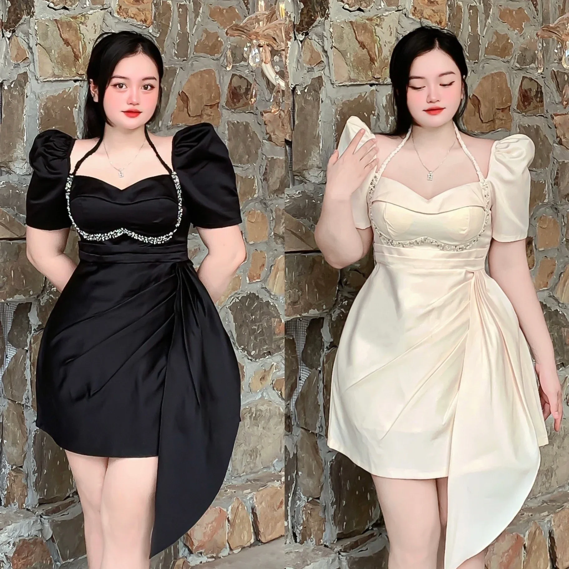 Đầm big size dự tiệc dáng xòe màu đỏ đô trễ vai tay phồng (3)