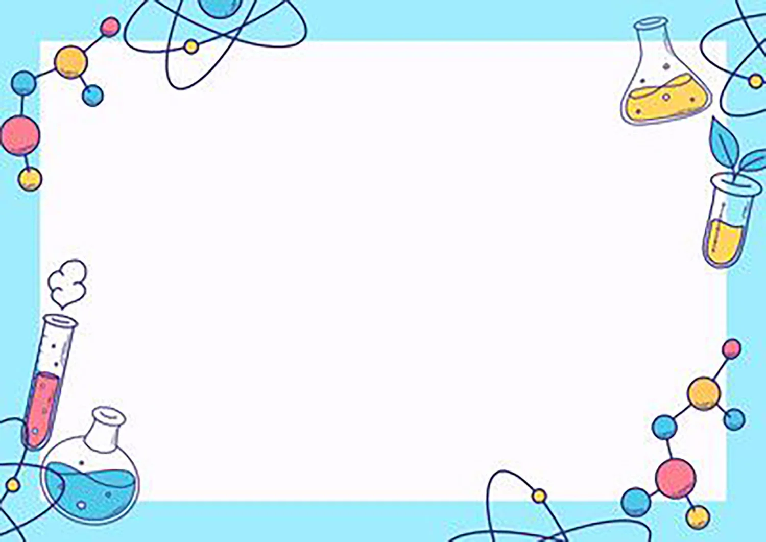 Hình nền powerpoint chủ đề khoa học hóa học với khung viền vẽ tay gồm ống nghiệm, bình erlen và nguyên tử trên nền xanh dương nhạt
