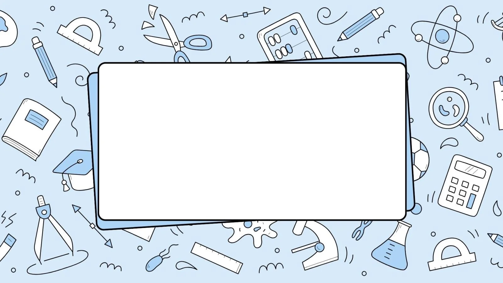 Hình nền PowerPoint giáo dục màu xanh dương với khung trắng giữa và họa tiết doodle dụng cụ học tập như thước, compa, máy tính
