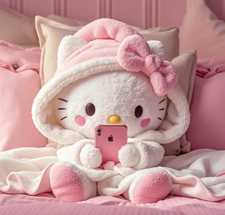 Hình ảnh Hello Kitty cute bằng bông trên giường