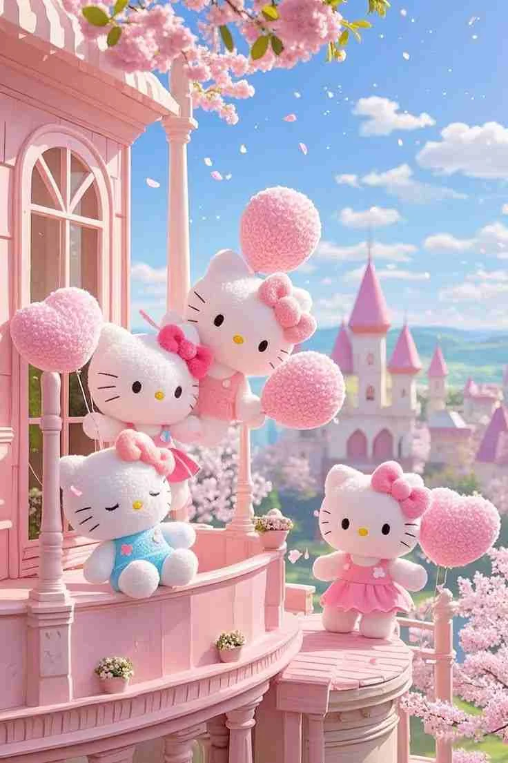 hình ảnh hello kitty cute đáng yêu với bóng bay trái tim trên ban công lâu đài màu hồng