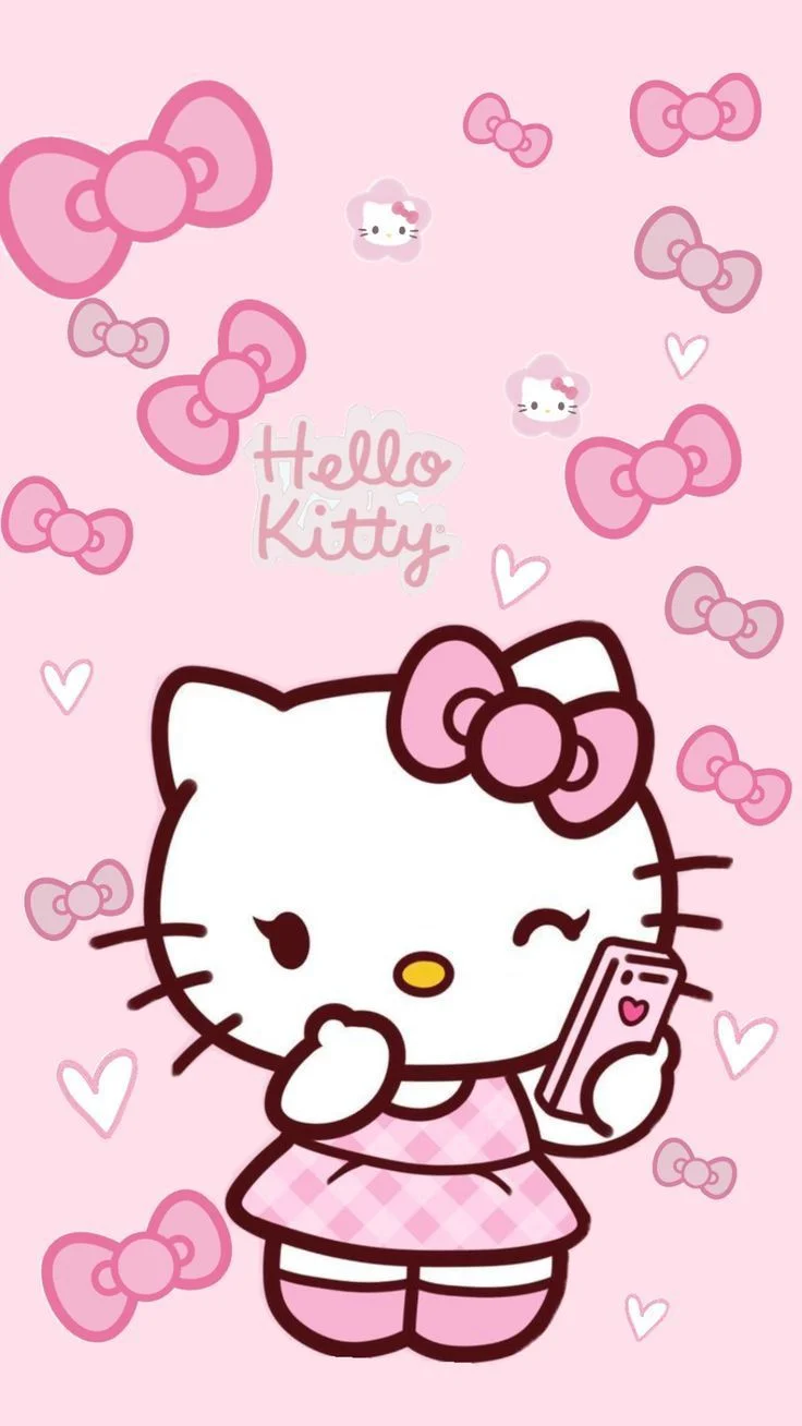 hình ảnh hello kitty cute cầm điện thoại trên nền hồng dễ thương