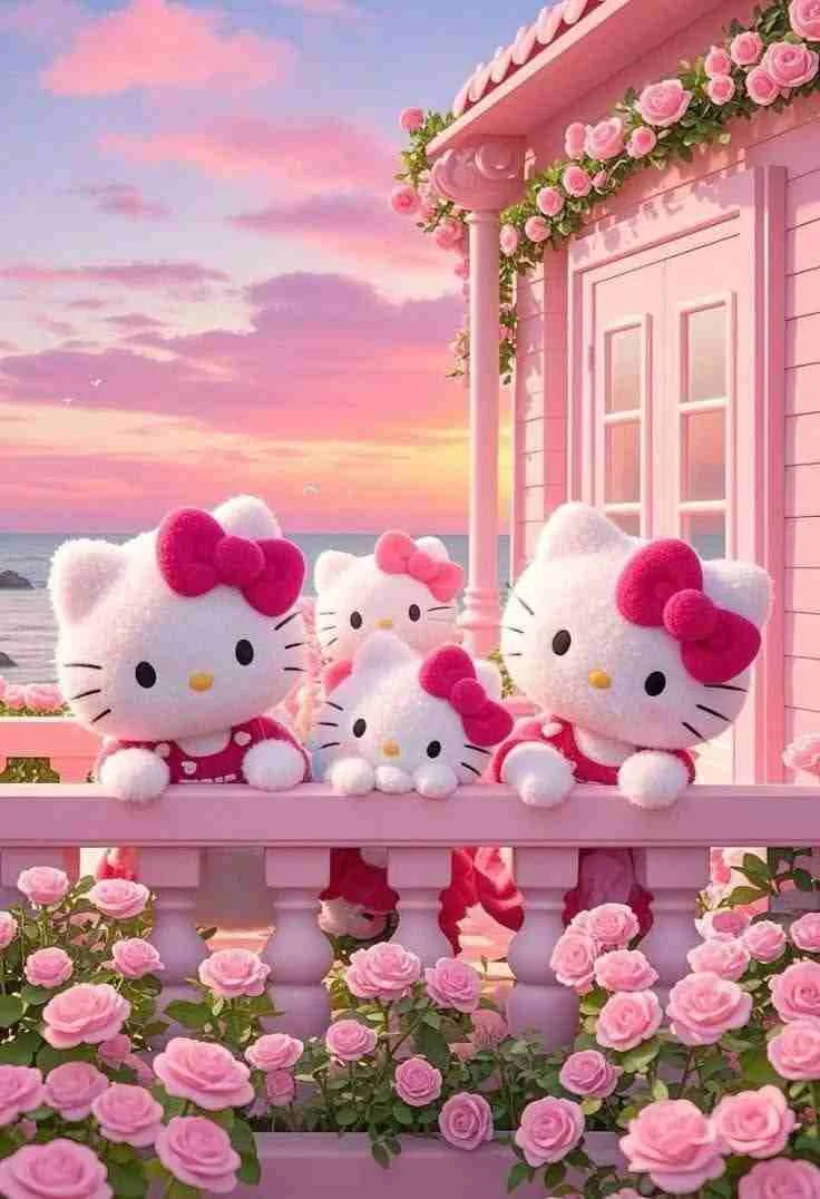 hình ảnh hello kitty cute màu hồng dễ thương trên ban công đầy hoa